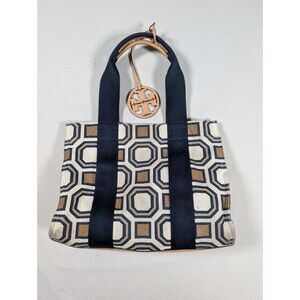 Tory Burch David Hicks Geometric Black/Beige Tote Bag with Logo Accent Bag Charm